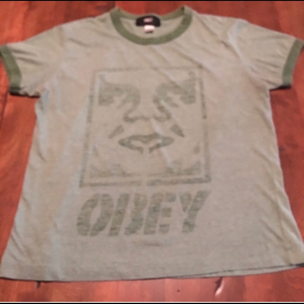 NICE “OBEY” Green Ringer Tee Size Large COOL